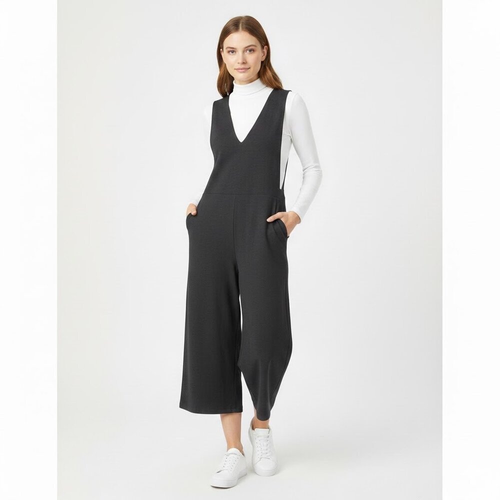 NWT Eileen Fisher V-neck Crop Jumpsuit in Graphite Washable Stretch Crepe PL